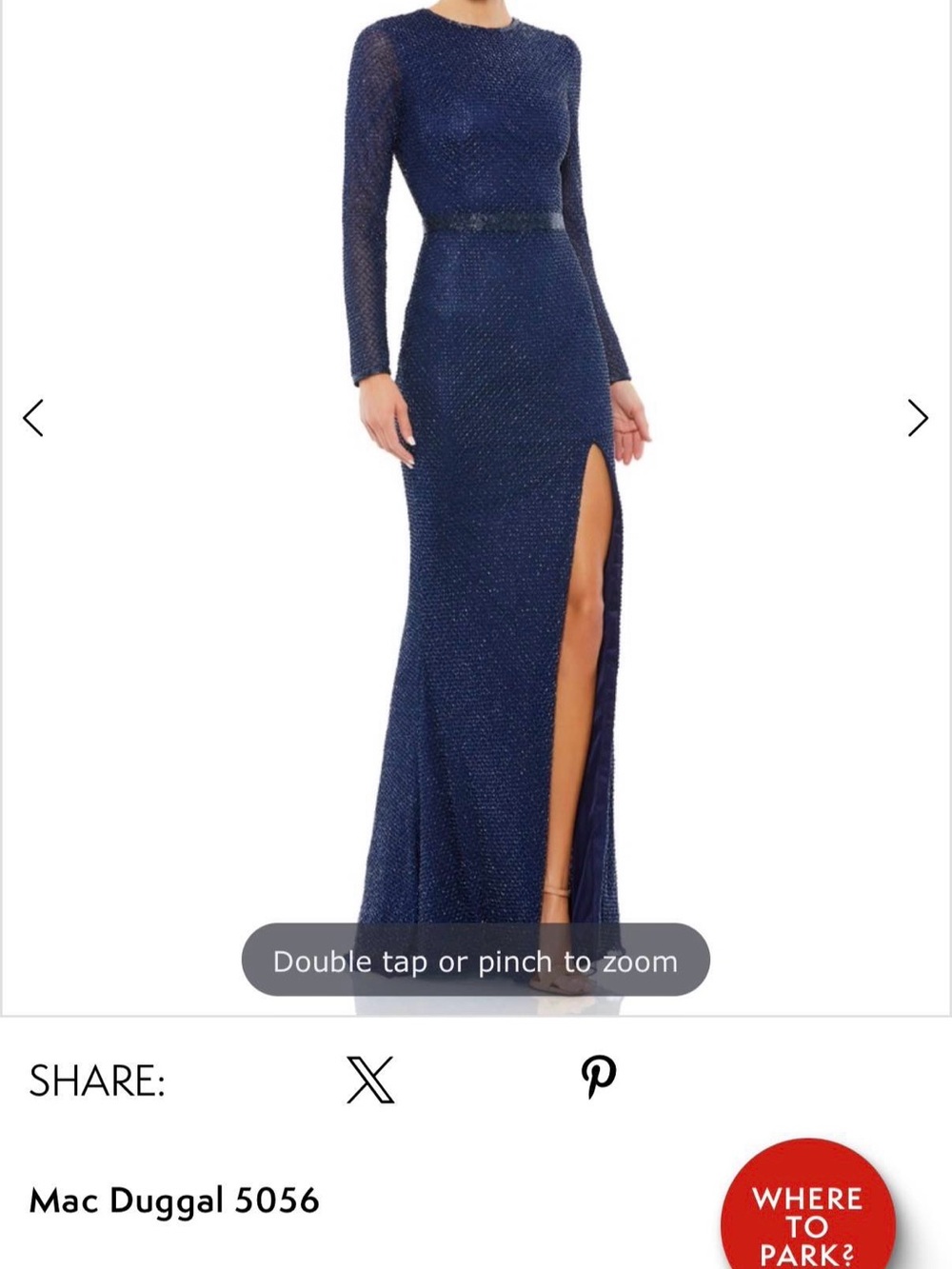 NWT Mac Duggal Navy Long-Sleeve Beaded Gown with High Slit